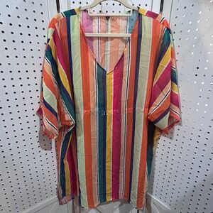 Womens XL Striped V Neck Tunic Cover Up Beach Swim Pool Vacation